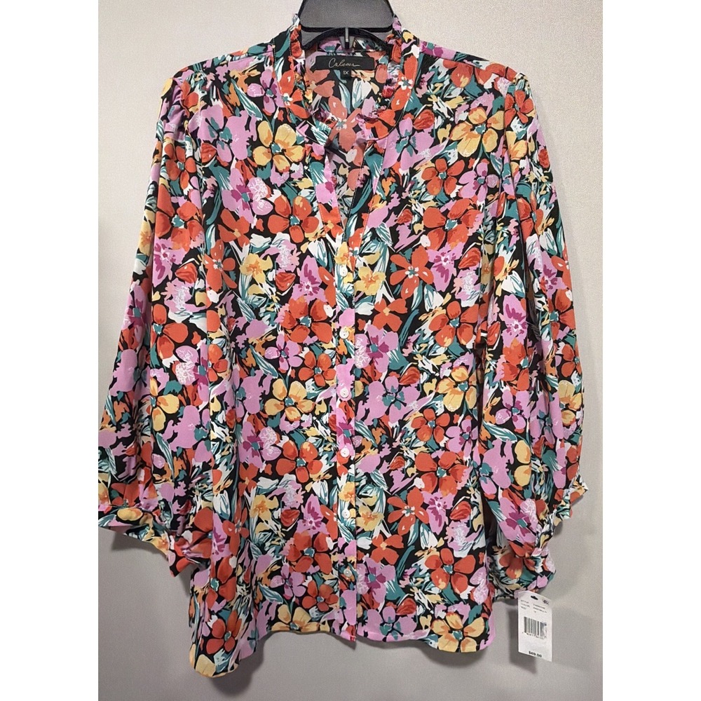 Calessa NWT Woman's 1X Floral Print Button Up Long Sleeve Blouse